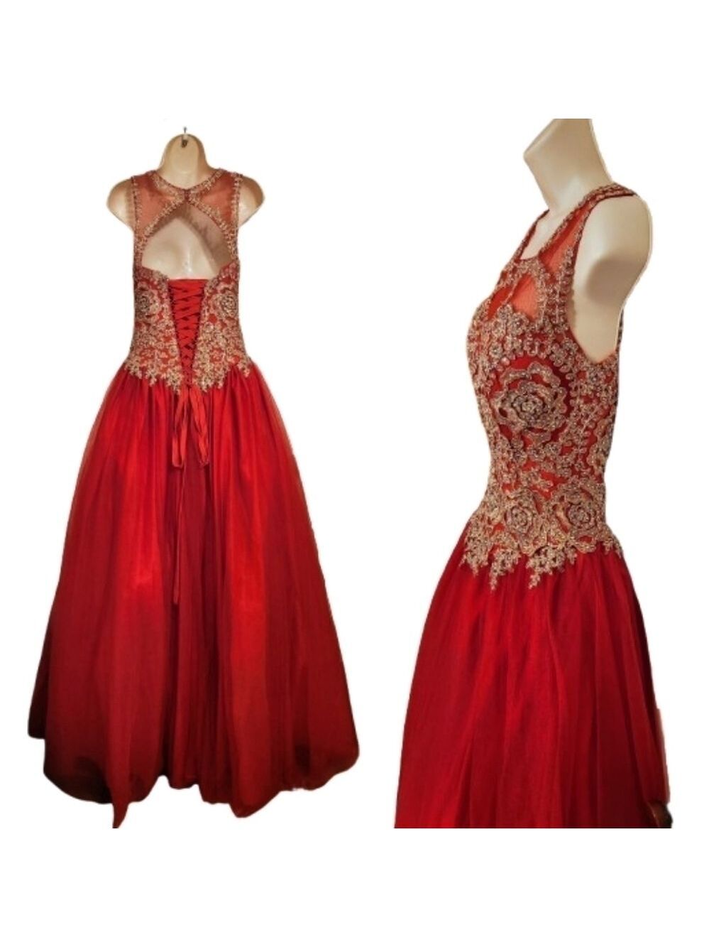Layla K Quinceanera Ball Gown Dress Red Gold Beaded Size 6 - Picture 3 of 13